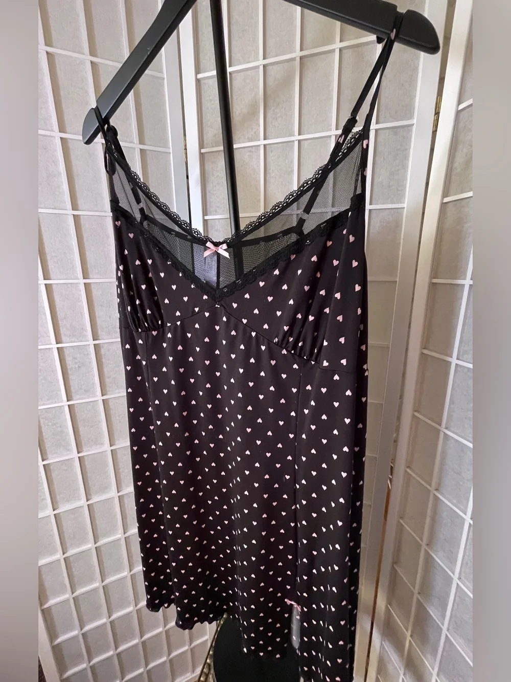 3x Black Slip Nightdress with Pink Hearts, Sheer Upper w/Lace Trim, Stretchy